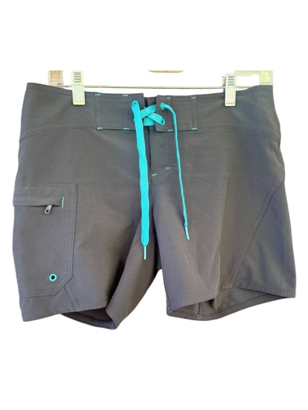 Athleta Women Charcoal Gray Board Shorts Turquoise Drawstring Size 0 Swim Water